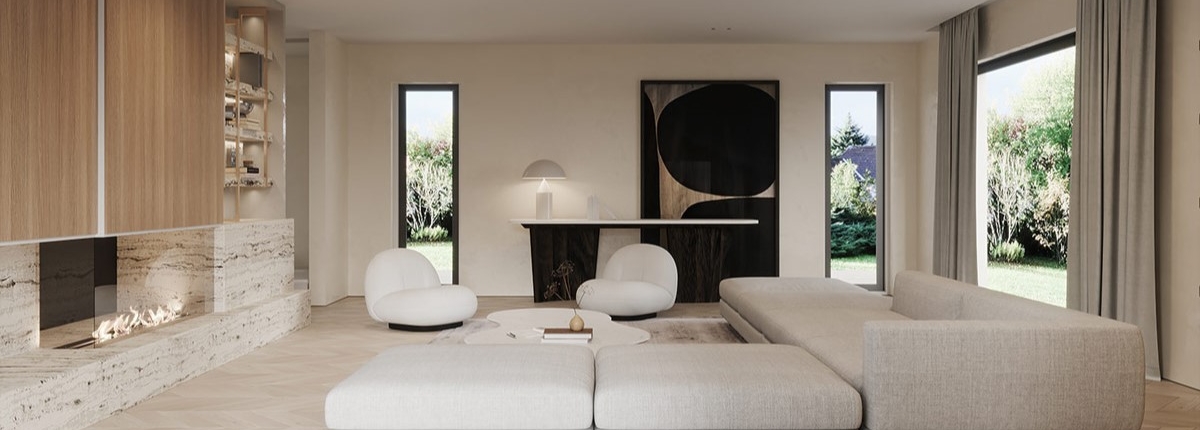 Interior de vivienda de estilo moderno y minimalista decorada en tonos neutros